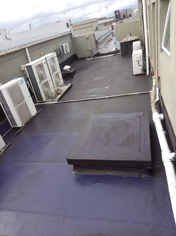 Flat roof finished with new liquid waterproofing membrane around plant upstands